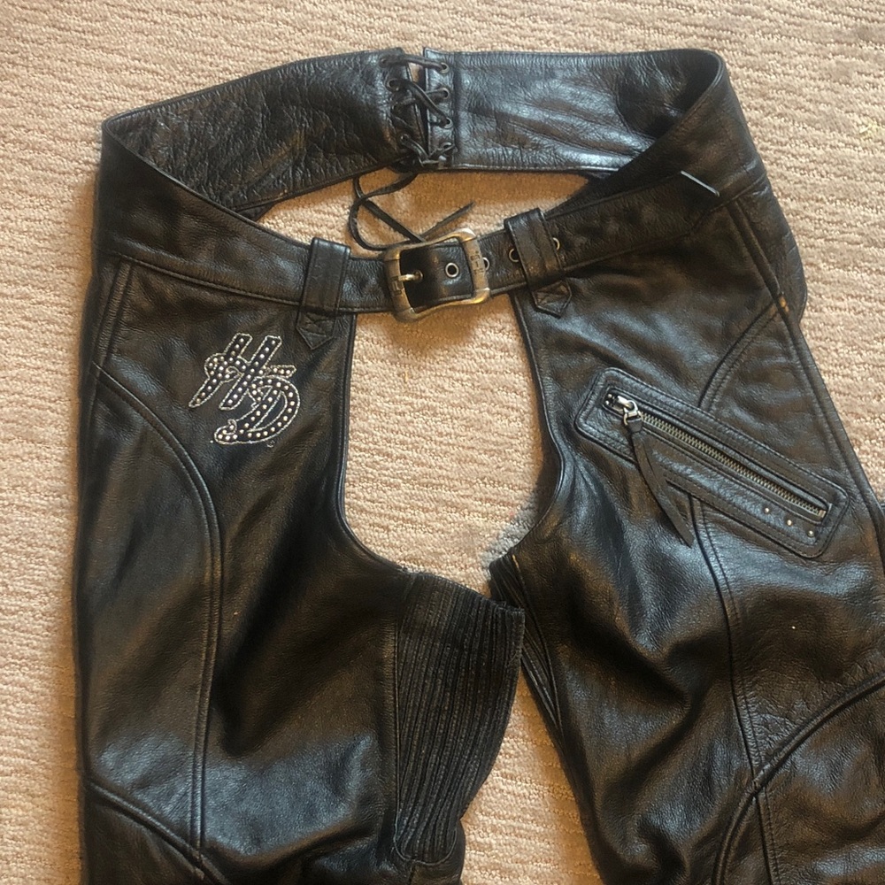 HD studded & embroidered black leather chaps Ladies large adjustable waist